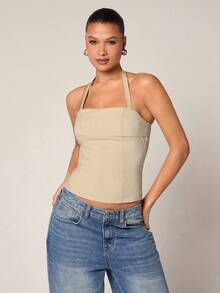 SHEIN PETITE 女士优雅性感露背系带短款吊带背心 - 杏色 - 查看 1