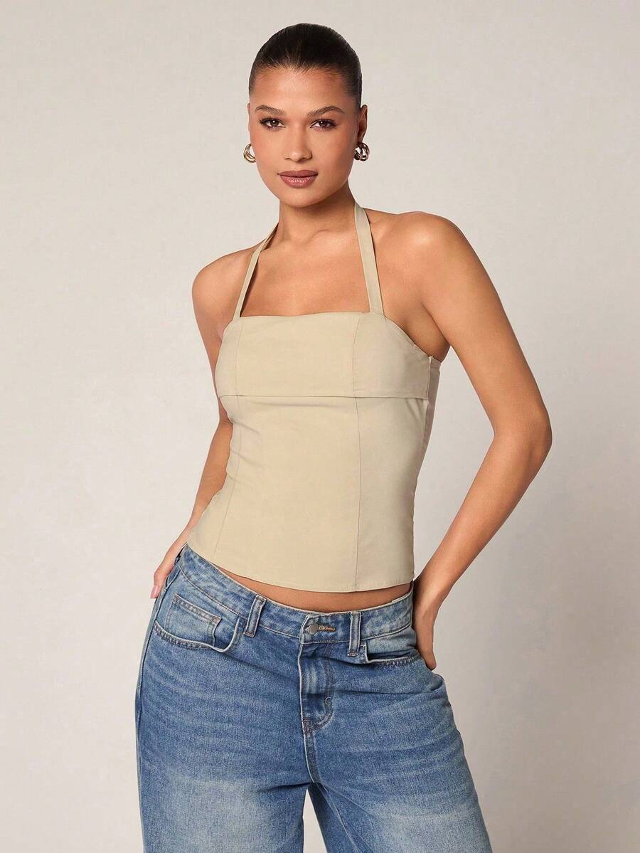 SHEIN PETITE 女士优雅性感露背系带短款吊带背心 - 杏色 - 查看 1