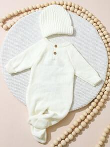 SHEIN 2 件套“你好，我在这里”刺绣新生儿男孩女孩摄影服装针织婴儿连体衣连脚连体衣带帽子婴儿 1 个月 100 天拍照道具 - 彩色 - 查看 3