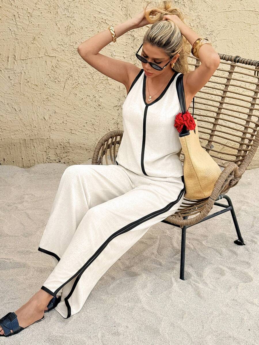 SHEIN Frenchy Women's Linen Black And White Contrast Trim V-Neck Camisole & Split Hem Pants 2 Pieces Set,Summer Casual Vacation Holiday Minimalist Resort Outfits - Multicolor - View 1