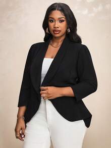 Truni Plus Size Shawl Collar Asymmetrical Hem Blazer In Fall/Winter, For Pear & Triangle Body Shape - Black - View 7