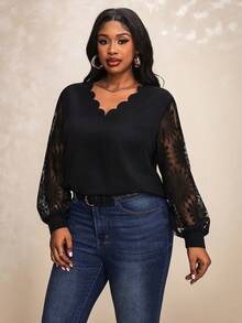 Truni Women Plus Size V-Neck Patchwork Sunflower Lace Splicing Ruffle Sleeve Blouse, Spring, For Pear Triangle Body Shape - Black - View 5