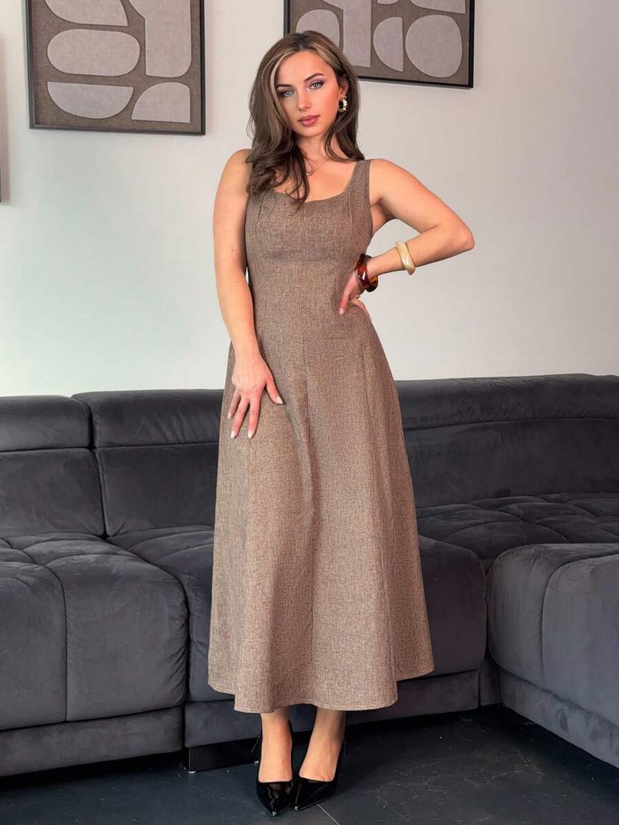 Jeta Ari 女式牛仔效果修身拼接褶皱后背无袖连衣裙 - 卡其色 - 查看 1