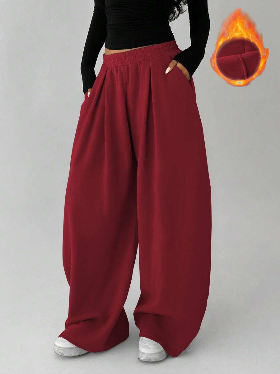 FavEase Women's Fleece Elastic Waist Solid Color Pleated Casual Sweatpants - Burgundy - View 1