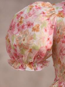 SHEIN Young Girl Cute & Elegant Floral Print Princess Dress,Open Back Puffy Short Sleeve Bow Dress For Kids Girl,Cerise Pink,Summer,Fairy,First Birthday - Multicolor - View 5