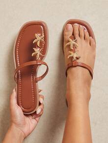 SHUZIA Women's Starfish Beach T-Strap Slip On Square Open Toe Flat Sandals - Chocolate Brown - View 2