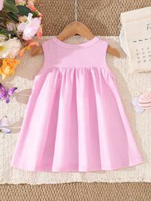 SHEIN Playful Pals 女婴可爱蜜蜂动物元素无袖连衣裙，春夏时尚新款 - 粉色 - 查看 2