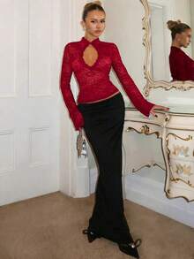 Glamine Charm Áo kiểu nữ cổ tàu phối ren, gợi cảm, đa năng. - Đỏ - Xem 3