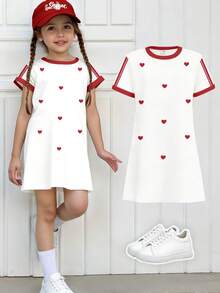 Spring & Summer Tween Girls' Casual Fashionable Creative Personalized Fresh Minimalist Heart & Letter Graphic Print Short Sleeve T-Shirt Dress, Comfortable Daily Wear, Suitable For Valentine's Day Atmosphere Tshirt Dress For Girls Girl Casual Dress T Shirt Dress Tween Girls T-Shirt Dress Girls Dresses Short Sleeve