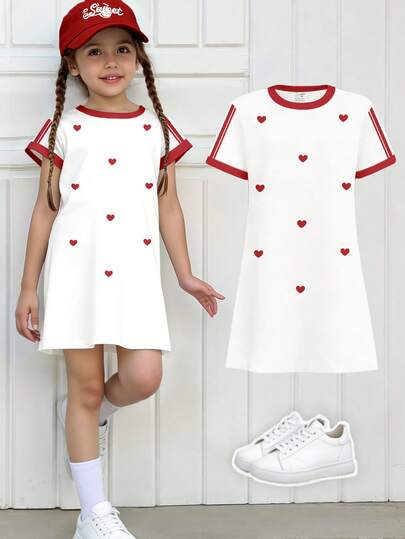Spring & Summer Tween Girls' Casual Fashionable Creative Personalized Fresh Minimalist Heart & Letter Graphic Print Short Sleeve T-Shirt Dress, Comfortable Daily Wear, Suitable For Valentine's Day Atmosphere Tshirt Dress For Girls Girl Casual Dress T Shirt Dress Tween Girls T-Shirt Dress Girls Dresses Short Sleeve
