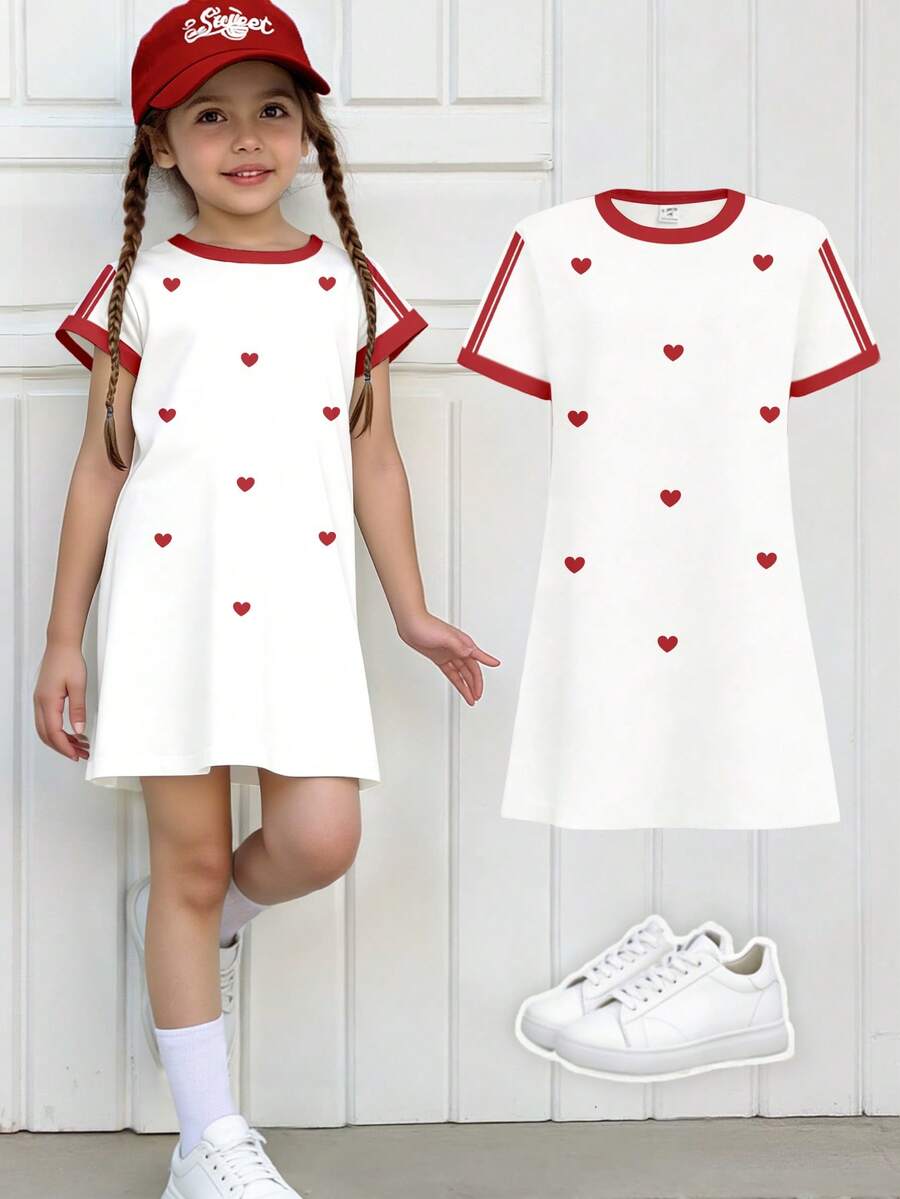 Spring & Summer Tween Girls' Casual Fashionable Creative Personalized Fresh Minimalist Heart & Letter Graphic Print Short Sleeve T-Shirt Dress, Comfortable Daily Wear, Suitable For Valentine's Day Atmosphere Tshirt Dress For Girls Girl Casual Dress T Shirt Dress Tween Girls T-Shirt Dress Girls Dresses Short Sleeve