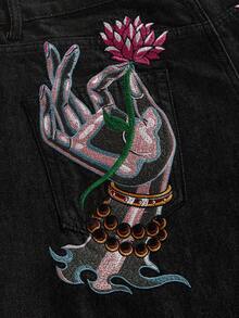 Street Life Men's Ukiyo-E Embroidery Pocket Loose Casual Denim Shorts - Black - View 5