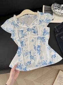 SHEIN 女士简约印花荷叶边衬衫 - 藍白色 - 查看 6