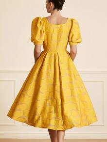 BELROSIE Yellow,Summer,Elegant,Wedding Guest Women's Sweet Princess-Style Floral Puff Sleeve Dress With Pearl Button, High Neck Line Date - Yellow - View 2
