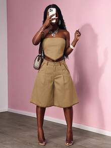 Slaydiva Quần short denim ống rộng phối màu tương phản, thích hợp mặc hàng ngày đi làm. - Màu Khaki - Xem 6
