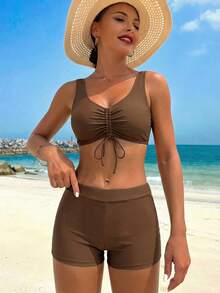 Swim Chiccia Bộ đồ bơi 3 món mới năm 2026 dành cho nữ: Áo hai dây màu trơn, quần đùi kiểu boyshort, áo khoác dài bằng lưới in họa tiết, bộ đồ bơi thanh lịch cho kỳ nghỉ biển. - màu nâu - Xem 3