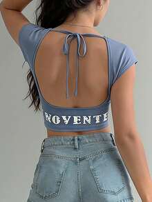 Zyxie Square Neck Cap Sleeve Hollow Out Backless Tie Strap Letter Print Blue T-Shirt - Blue - View 2