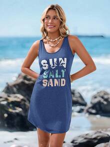 Sylviya Summer Beach Letter Graphic Tank Dress - Blue - View 8