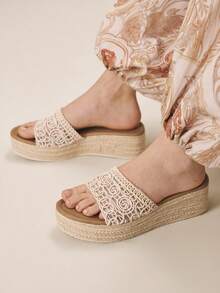 Styleloop 女士编织绳坡跟凉鞋，度假风波西米亚复古美式西部音乐节派对厚底鞋 - 杏色1 - 查看 5