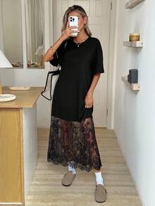 Easowa 女士纯色圆领短袖宽松休闲蕾丝T恤连衣裙，时尚百搭，适合外出和通勤，95%棉质，舒适休闲 - 黑色 - 查看 6