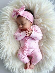 SHEIN 新生儿可爱蝴蝶结印花拉链连体衣摄影服秋冬装 - 粉色 - 查看 8