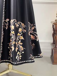 Elenzga Plus Size Women's Spring/Summer Elegant Minimalist Mandarin Collar Puff Sleeve Cinched Waist Half-Placket Long Flared Hem Casual Printed Dress - Black - View 5