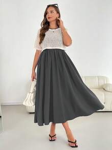 SHEIN Essnce Ple-Size 女士夏季两件套，夏季休闲套装，连衣裙衬衫套装，短袖套装，黑色长款连衣裙两件套 - 深灰色 - 查看 3