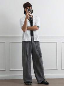 HUEFORM 男士休闲灰色条纹系带裤，独特腰带设计，春夏款 - 深灰色 - 查看 3