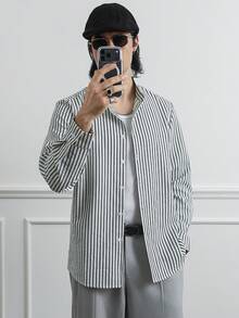 HUEFORM Camisa casual de manga larga con cuello alto y rayas de burbujas para hombre - Multicolor - Ver 1
