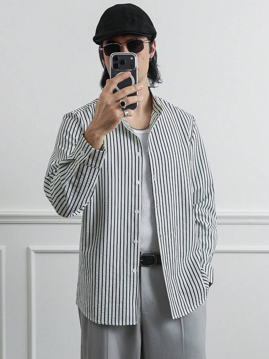 HUEFORM Camisa casual de manga larga con cuello alto y rayas de burbujas para hombre - Multicolor - Ver 1