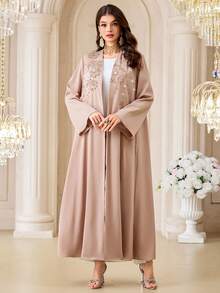 Al Najma Áo Abaya dài tay màu trơn dành cho nữ, trang trí ngọc trai, kiểu dáng thanh lịch, dáng rộng, phong cách Ả Rập. - Lạc đà - Xem 5