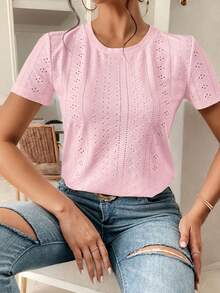 SHEIN Frenchy Áo thun cổ tròn thêu lỗ trơn - Màu Hồng baby - Xem 3