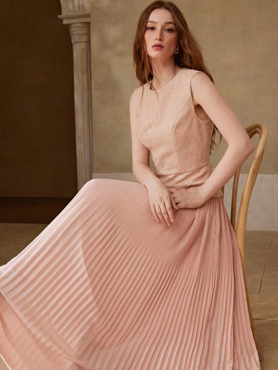 MOTF PREMIUM 女士优雅蕾丝拼接褶裥连衣裙，春夏款 - 粉色 - 查看 1