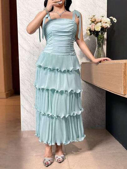 Feyla Đầm dự tiệc, hẹn hò, thanh lịch, màu trơn, dây thắt nút, nhiều lớp xếp ly ở gấu váy, eo thon, dành cho nữ, thích hợp cho mùa hè.