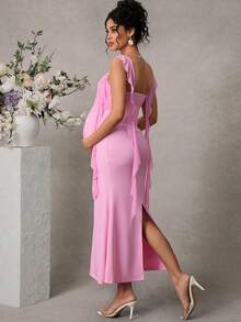 Momance Maternity Mesh Ruffle Front Panel Double Layer Fish Tail Hem Open Slit Maxi Dress