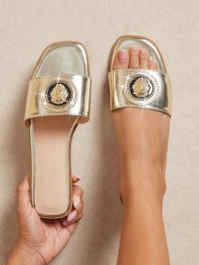 SHUZIA 女士简约舒适金属装饰平底凉鞋 - 金色 - 查看 2