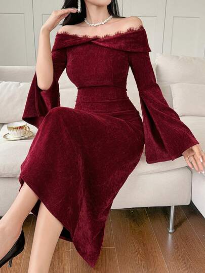 DAZY Women's Off-Shoulder Lace Patchwork Velvet Dress, Elegant And Fitted
