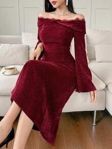 DAZY Women's Off-Shoulder Lace Patchwork Velvet Dress, Elegant And Fitted - Burgundy - View 6