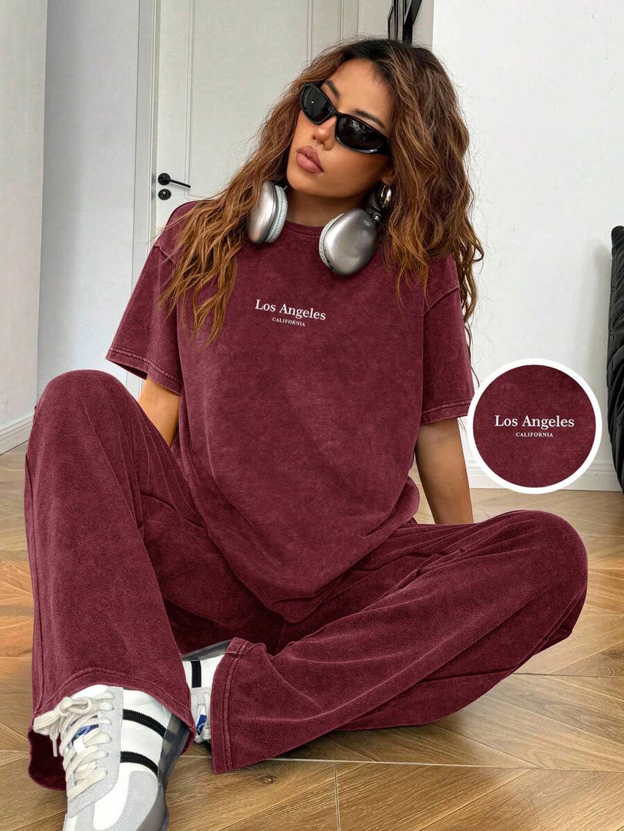 Muchica Women's Casual Fashion Street Style Everyday Commute Wine Red Washed Letter Embroidery Drop Shoulder Loose T-Shirt And Wide Leg Pants Set, Spring/Summer/Autumn Loungewear Women Two Piece Set Women Comfy 2 Piece Lounge Sets Woman Lounge Wear 2 Piece Casual Sets Woman - Burgundy - View 1
