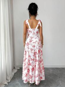 Elenzga 浪漫红色花卉印花吊带蝴蝶结叠层长裙，优雅休闲度假街头风，春夏款 - 紅色 - 查看 2