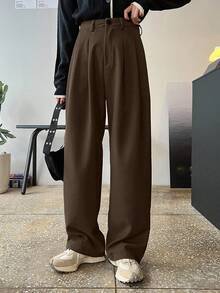 DAZY 休闲商务风褶裥斜插口袋宽松直筒裤 - 咖啡棕 - 查看 3