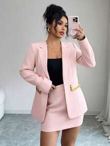 Elenzga Bộ đồ nữ màu đỏ vải tweed đính sequin thời trang mới thu đông 2025, kiểu dáng thanh lịch, gồm 2 món. - Màu Hồng baby - Xem 7
