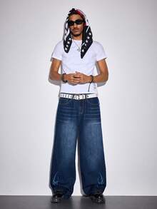 ROMWE MEN Street Life Quần jean denim nam kiểu dáng thường ngày, in họa tiết chéo, đã qua xử lý. - Màu xanh lam - Xem 7