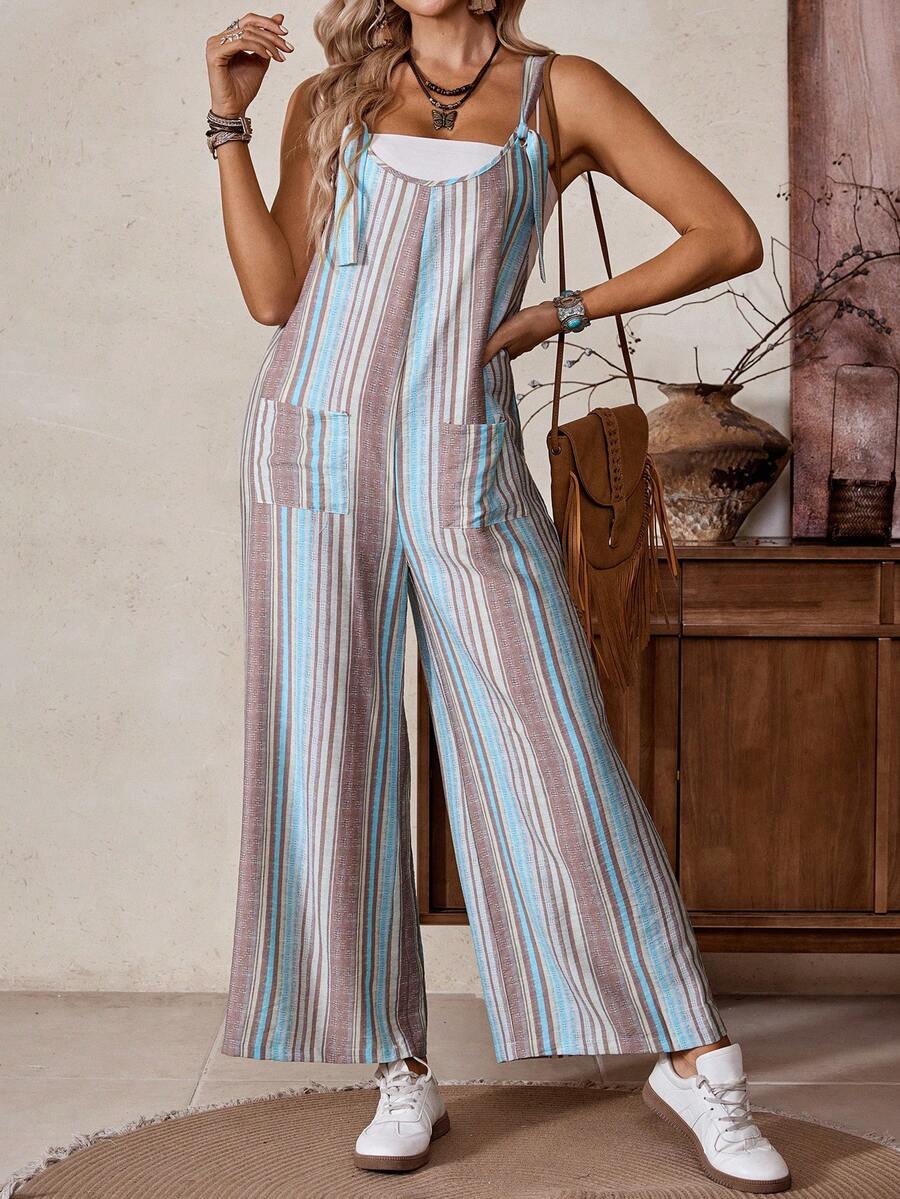 LanaWest 女士西部休闲条纹数码印花仿亚麻可调节肩带口袋阔腿连体裤 - 卡其色 - 查看 1