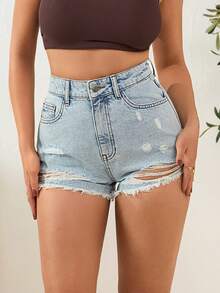 EURMUSE Quần short denim nữ cạp cao, có túi, rách gấu, kiểu dáng thường ngày. - Rửa nhẹ - Xem 4