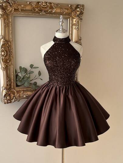 Lovelzi Elegant, Romantic, Fashionable Coffee Color Satin Sequin Patchwork Spaghetti Strap Bustier A-Line Formal Party Dress, Wedding Guest Dress, Coffee Color Dress, Bachelorette Party, Prom Dress