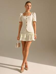 CLARA VERO White Tweed Puff Sleeve Layered Ruffle Skirt Set: Slim Fit And Girly Peplum Shape, Perfect For Afternoon Tea Parties Or Elegant City Events, Made In Non-Elastic Textured Polyester Featuring Gold Button Down Front And Double Layered Skirt White Vintage Dress Square Neck Blouse French Style Dress Tweed Two Piece Set - Olive Green - View 6