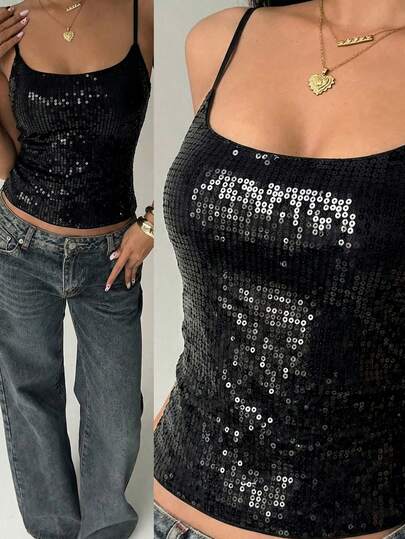 Aloruh New Sexy Backless Sequin Crop Top For Party Club Night Night Out, Music Festival, Summer,Summer Top Black And Silver