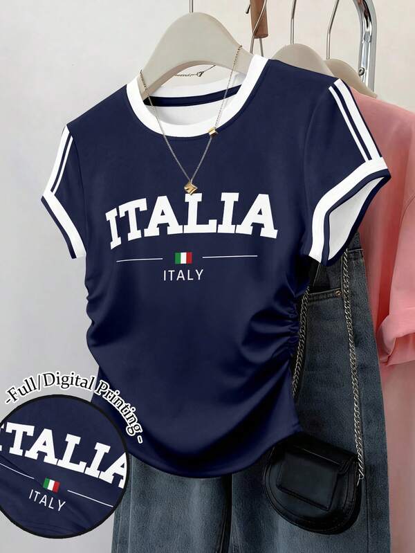 Resyla Women's Waist Cinched Short Sleeve Fitted Ruched Waist Top Italy Letter Print Graphic Short Sleeve Stripe T-Shirt Tee