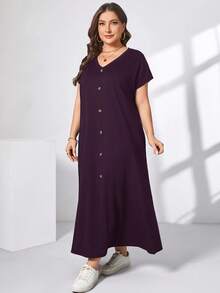 Shapeblank Damen Große Größen Frühling und Sommer Mode Lässig Locker Bequem Täglich Kurzarm Schwarz V-Ausschnitt Taschen Langes Kleid, Sommer Outfits für Damen, Kirchenkleidung für Damen, Old Money Stil für Damen, Lehrerin Outfits für Damen, Flughafen Outfit für Damen - Braun - Übersicht 5